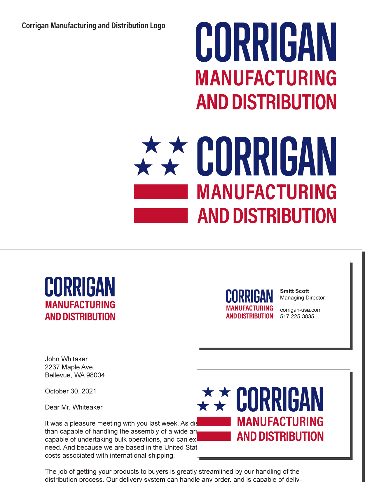 A logo for 'Corrigan Manufacturing and Distribution' displayed alone, on a business card, and on a corporate letterhead.