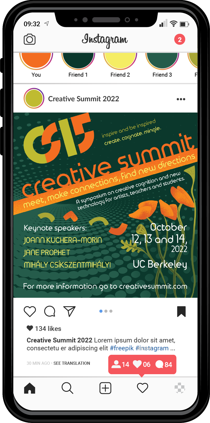 A smartphone displaying an instagram ad for Creative Summit 15.