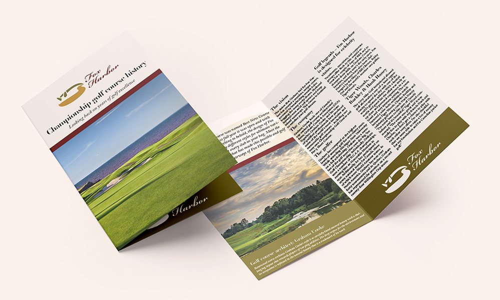 A brochure about Fox Harbor's Championship golf course, displayed open and closed.