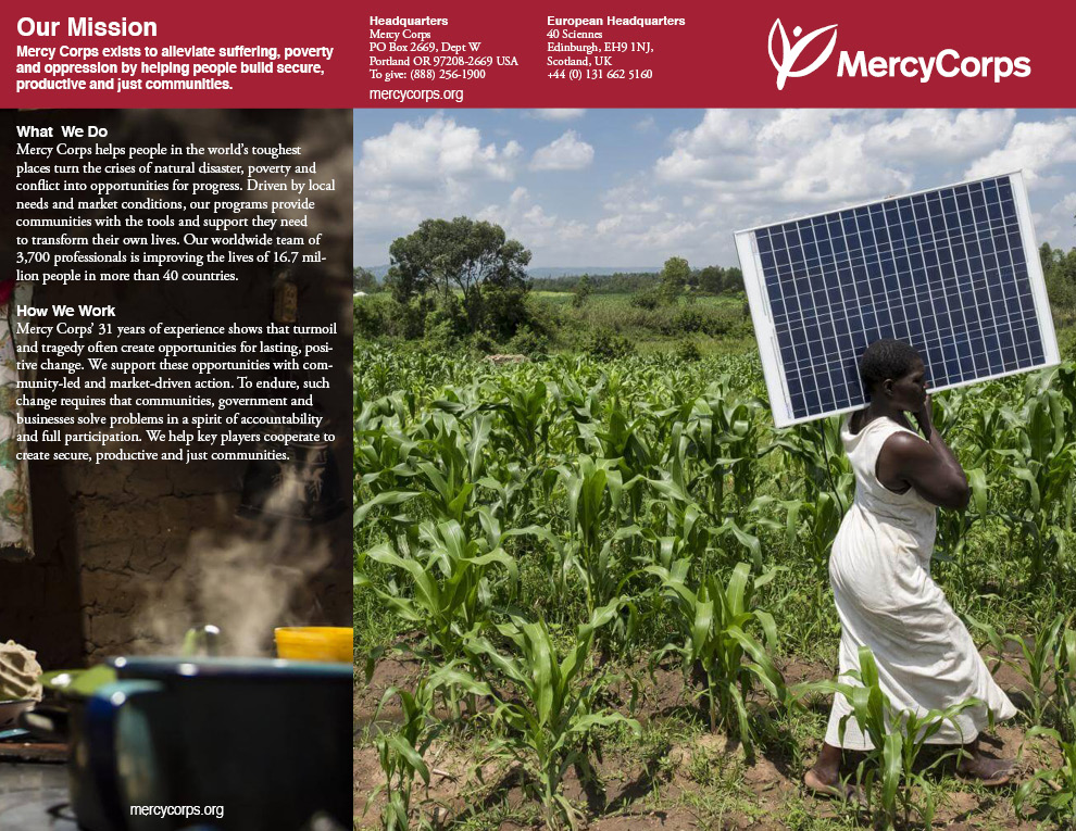 The exterior layout of a trifold brochure for Mercy Corps.