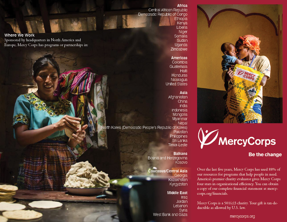 The interior layout of a trifold brochure for Mercy Corps.