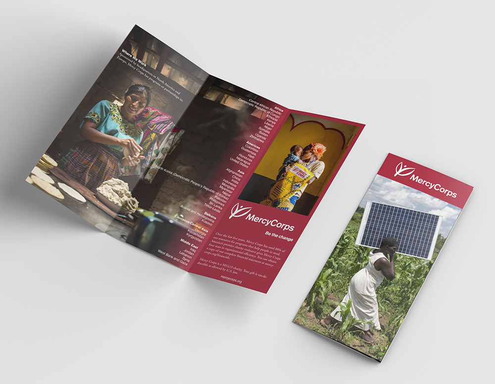 A trifold brochure for Mercy Corps, shown folded and unfolded.