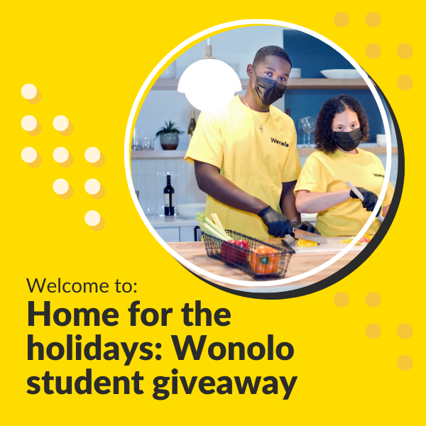 A graphic for Wonolo showing two young people working in a kitchen. Text reads "Welcome to: Home for the holidays: Wonolo student giveaway".